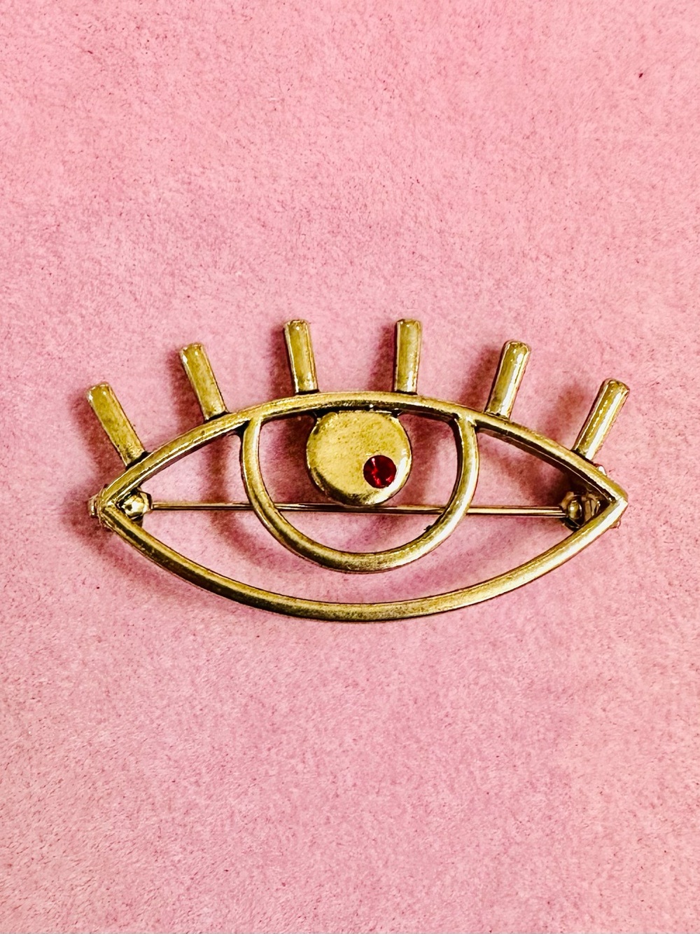 NWOT Gold Tone Evil Eye Brooch Red Rhinestone Statement Pin